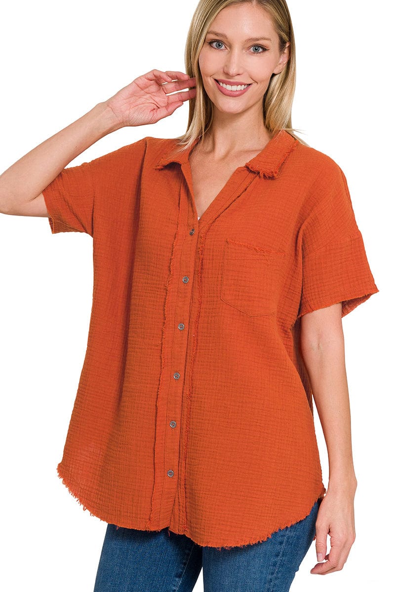 Zenana Double Gauze Button Down Raw Edge Short Sleeve Shirt