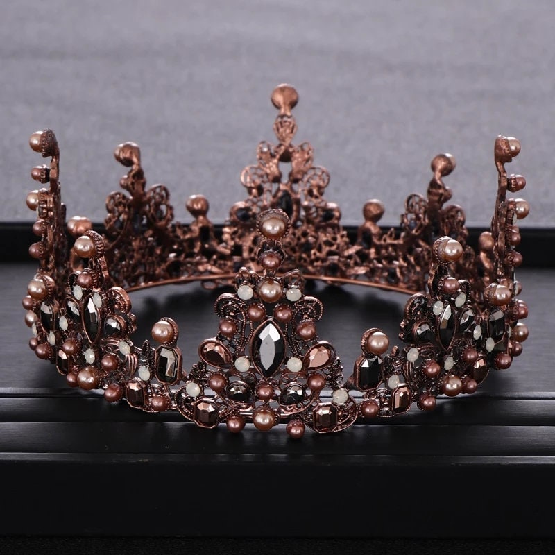 Vintage Crown King Queen headdress bridal Halloween cosplay Wedding pageant royalty bronze baroque detailed tiara pageant gothic medieval