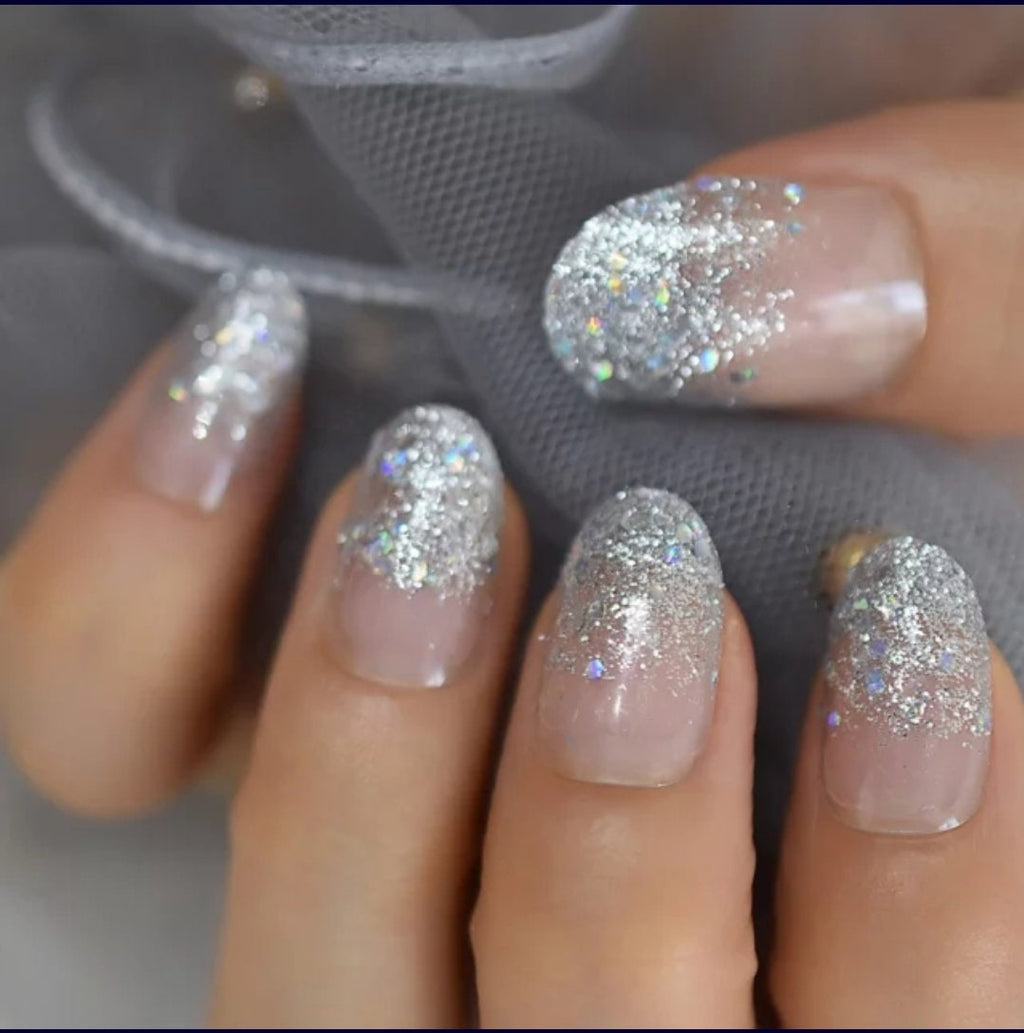 24 Cinderella Glass Slipper Press on Nails kit glue on Holographic Glitter Medium Almond Clear natural