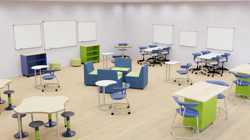 Classroom with different levels of seating and desk heights