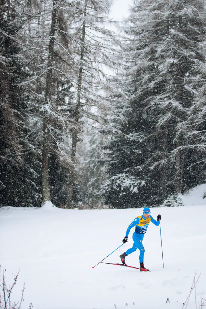 Skieur de fond professionnel parcourant une piste de ski de fond avec des arbres en arrière-plan.