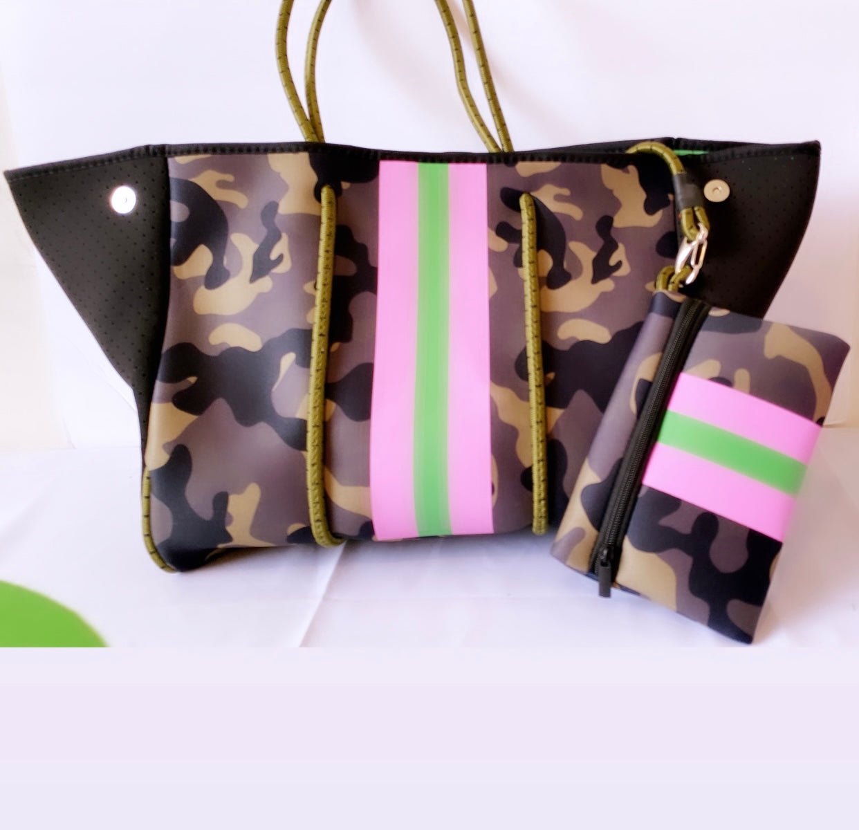 Black Alpha Kappa Alpha Tote Bag with Pink and Green Stripes Yellow and Blue