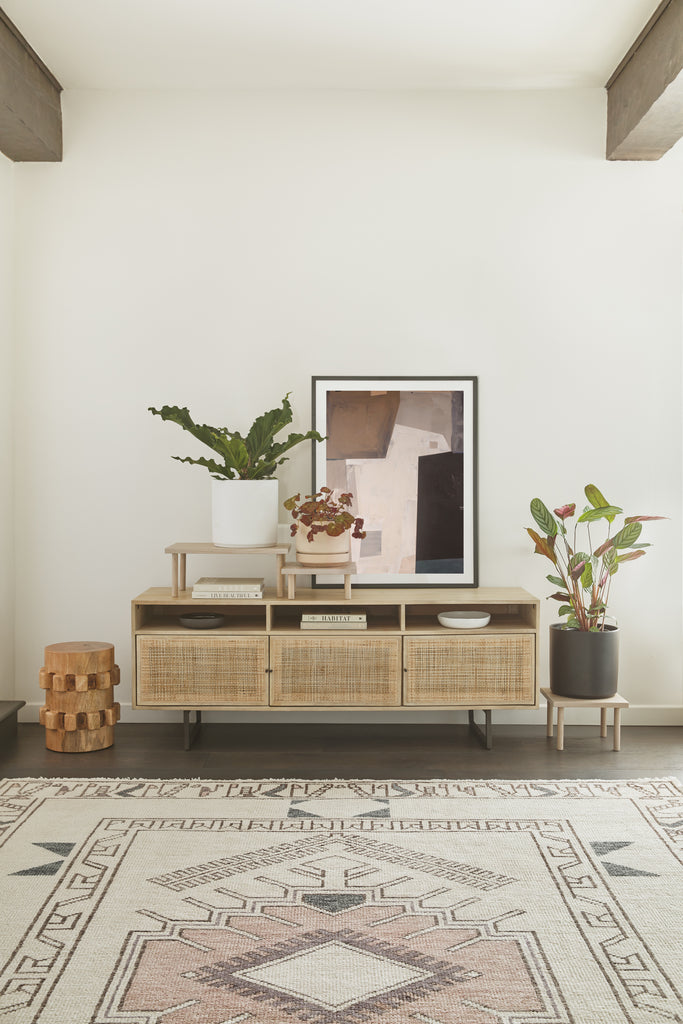 A pink and blue geometric pattern sits on a neutral background in the Zehra Rug that rests in an entryway. Next to the rug sits a low cabinet with three cane-paneled doors and three house plants.