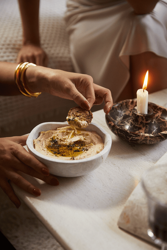 Hummus is served in the Marble Bowl by Chloé Crane-Leroux x Anastasio Home