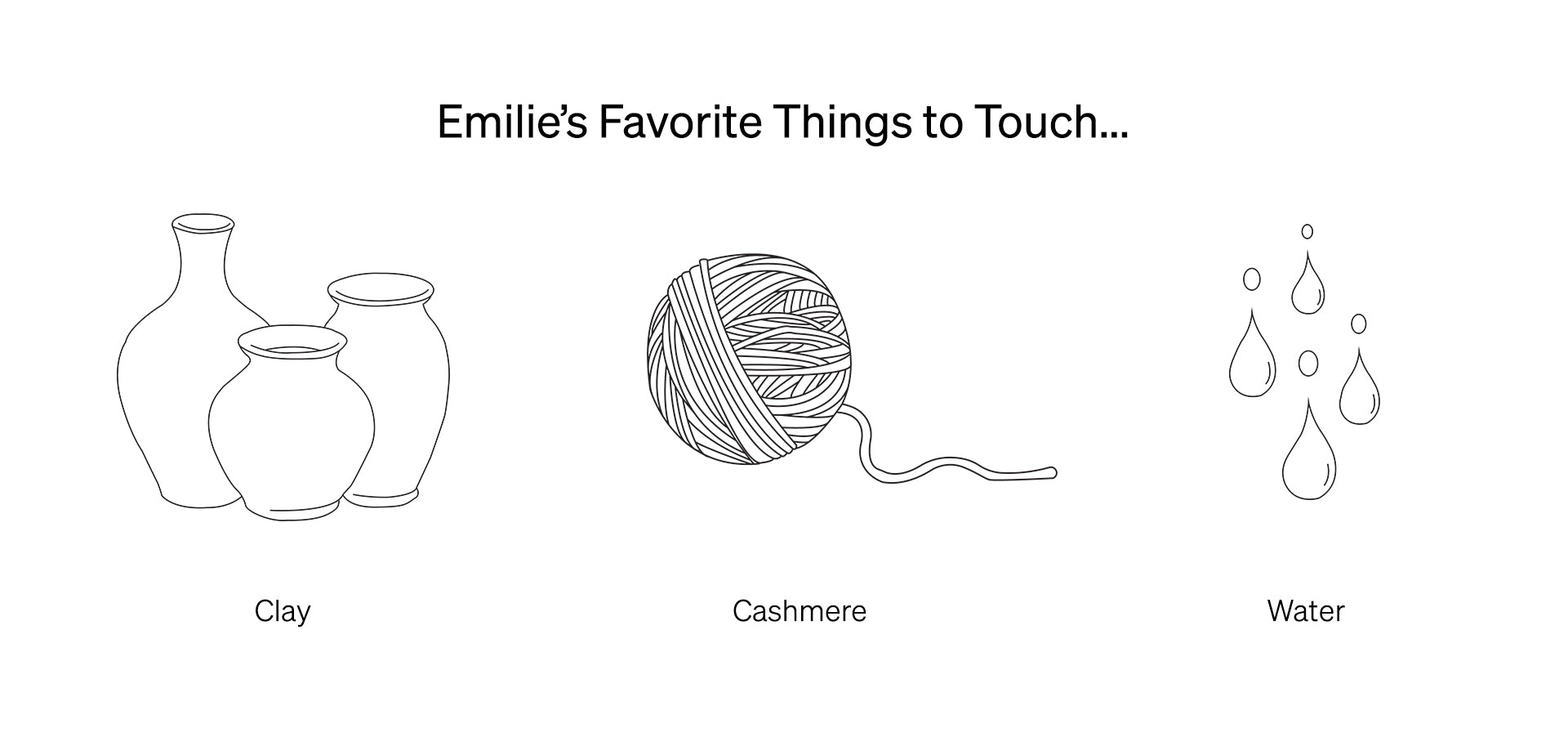 A line drawing of Emilie's favorite things to touch include clay with three illustrated vases, cashmere with an illustrated ball of yarn, and water with illustrated water droplets.