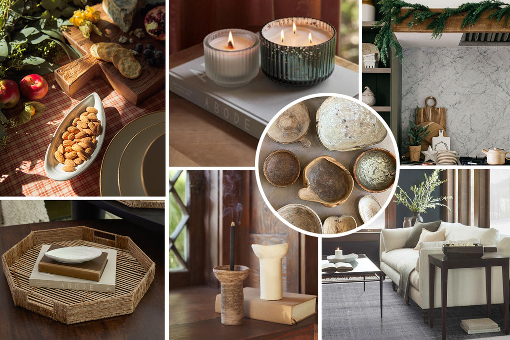 An image collage with an almond shaped bowl full of nuts, two lit candles on top of a book, empty bowls with mother of pearl interiors, a marble backsplash in a kitchen with cutting boards leaning against it, an octagonal rattan tray holds a small stack of books, two tall taper candle holders hold recently extinguished candles, an ivory sofa sits in front of a minimalist dark wood and iron coffee table.