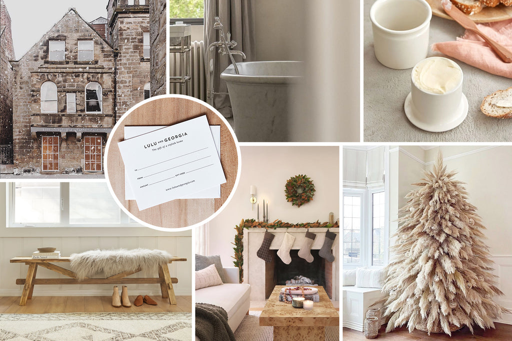 An image collage of snow falling in front of an old English building; a Lulu and Georgia giftcard; a marble bathtub; a butter bell full of butter and bread; a rustic wooden bench with a sheepskin throw over and boots underneath; stockings hung on a white fireplace; a white flocked Christmas tree with white ornaments.