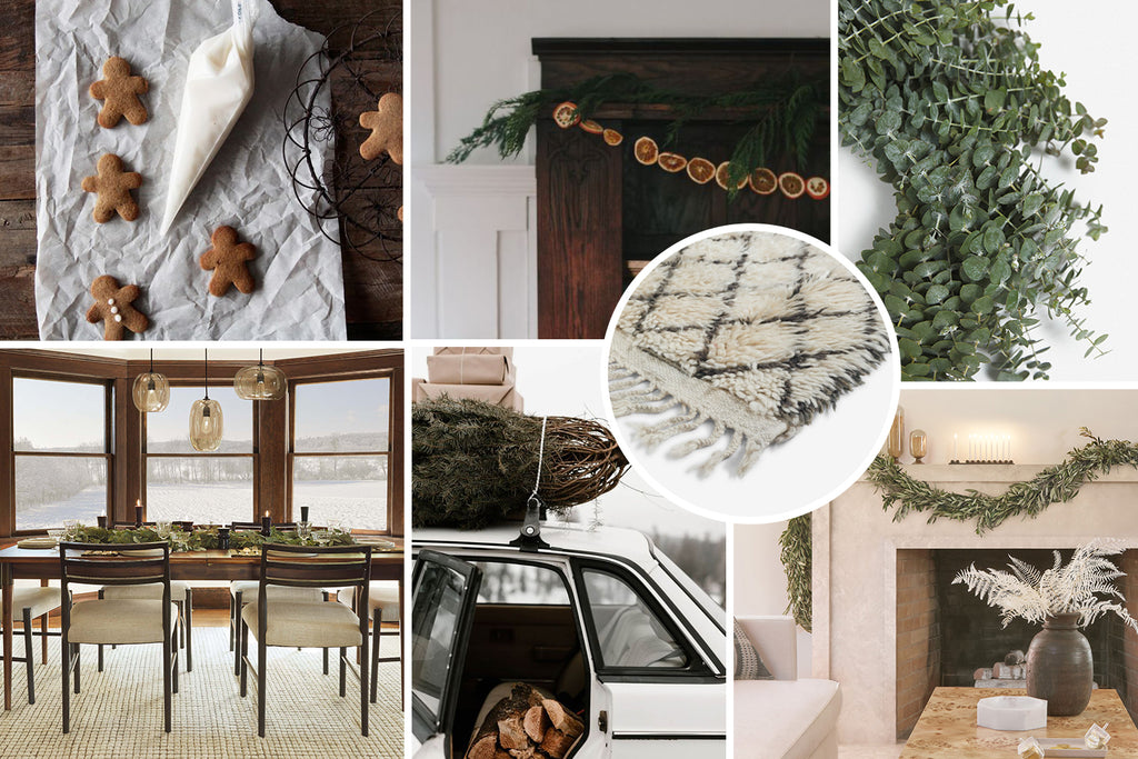 An image collage of gingerbread man cookies with a bag of icing in a piping bag, dried citrus garland hanging on a wooden fireplace mantel, a corner of a Moroccan shag rug, a eucalyptus wreath, three amber glass pendant lights hanging above a rectangular dining table surrounded by six black dining chairs with ivory seats, a car with a Christmas tree tied to the top, rustic garland angs on a white stone fireplace.