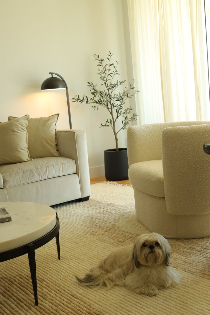 A small tan dog lays in a neutral living room on top of the geometric Nomad woven area rug.