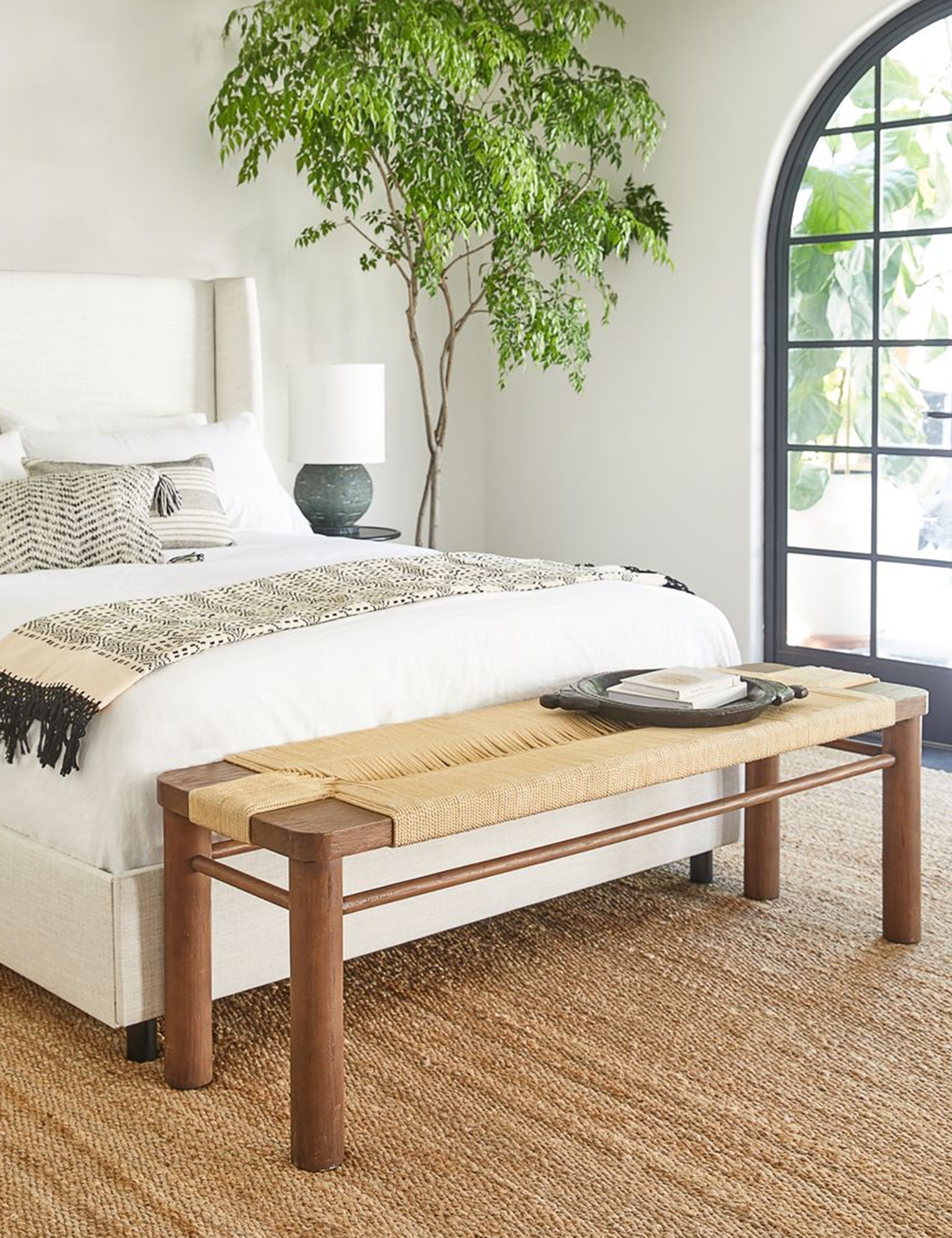 wooden and natural woven bedroom bench