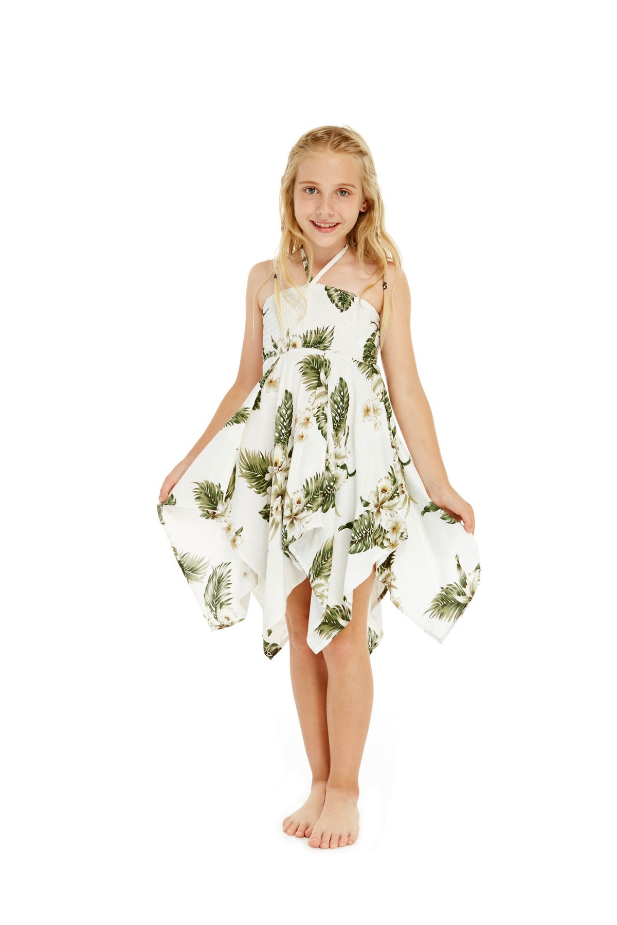 Girl Gypsy Uneven Bottom Hawaiian Luau Dress in White Green Palms Size ...