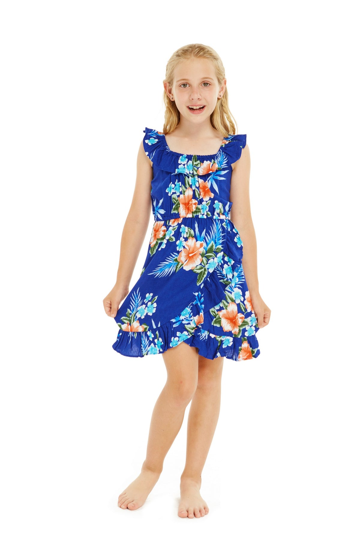 Girl Wrap Ruffle Dress in Hibiscus Blue – Hawaii Hangover