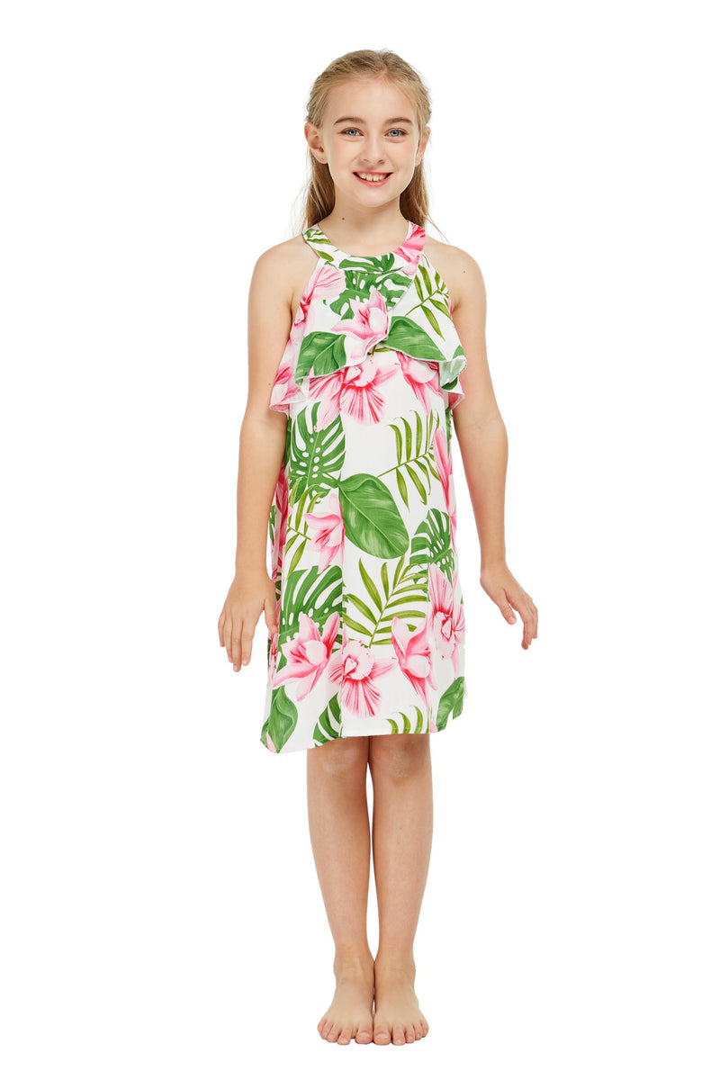 Girl Hawaiian Round Neck with Ruffle Dress in Lotus and Orchid Size 10 ...