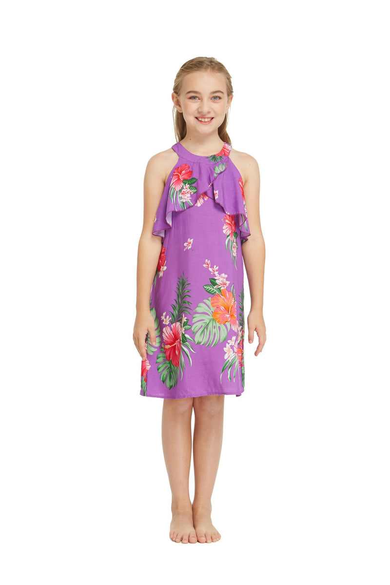 Girl Hawaiian Round Neck with Ruffle Dress in Pretty Tropical Purple ...