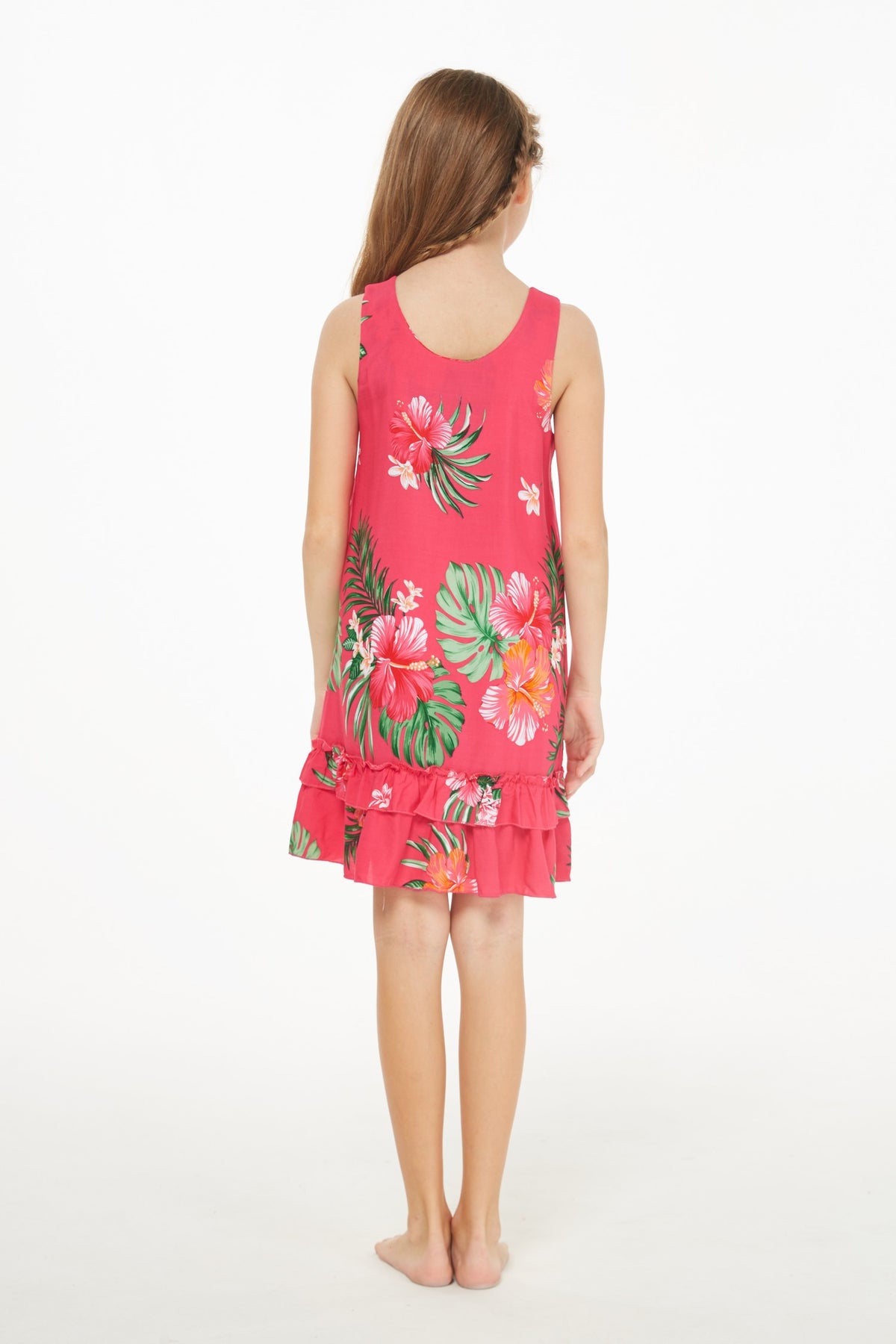 Girl Hawaiian Tank Ruffle Edge Dress in Pretty Tropical in Hot Pink ...