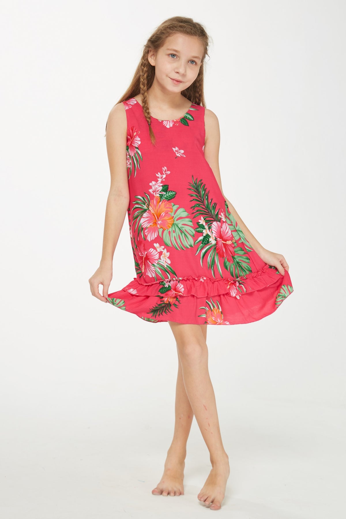 Girl Hawaiian Tank Ruffle Edge Dress in Pretty Tropical in Hot Pink ...