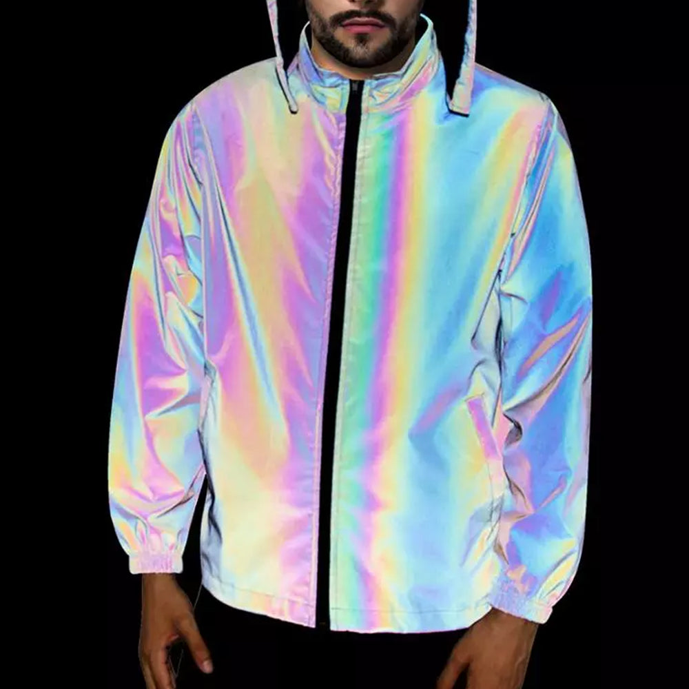 Glow Rainbow Custom Hip Hop Black Reflective Jacket for men and women,2020  new fabric safety jacket (XL, black rainbow)