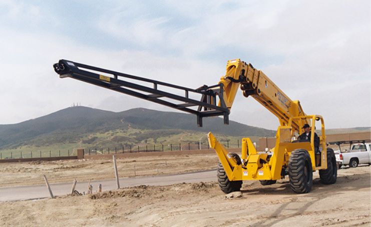 Quick attach mounted jib boom on telehandler ready to lift trusses