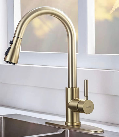 Arofa Stainless Steel Single Hole 3 Hole Deck Mount Gold Kitchen Sink Faucet