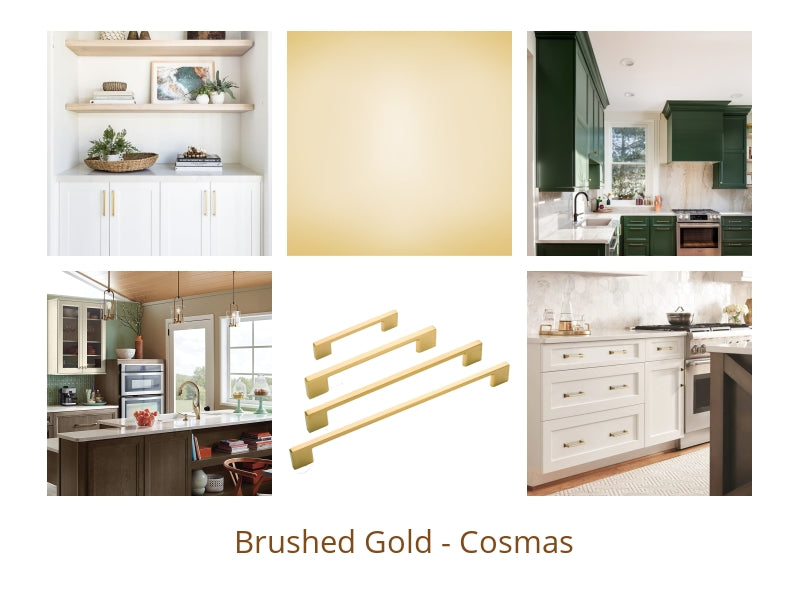 Brushed gold cabinet pulls for kitchens and bathrooms are formatted into a collage for design inspiration