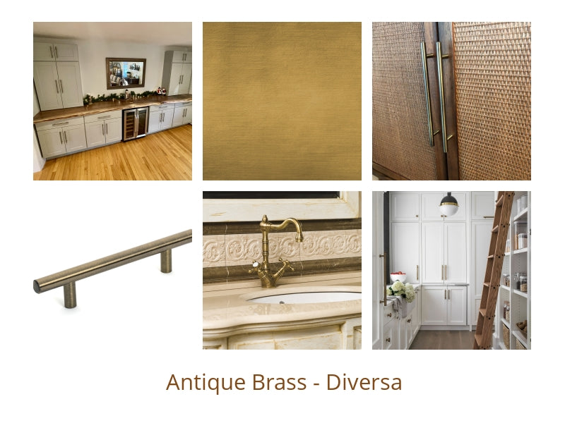 Inspiration collage of six pictures. Antique brass cabinet pulls in kitchen, a color swatch, an antique brass faucet, a pantry with antique brass bar pulls and a diversa antique brass pull. 