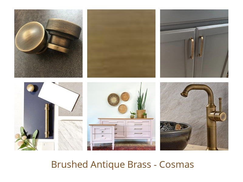 Kitchen cabinet pulls inspirational picture in a collage including brushed antique brass knobs, a color swatch and a kitchen with brushed antique brass handles