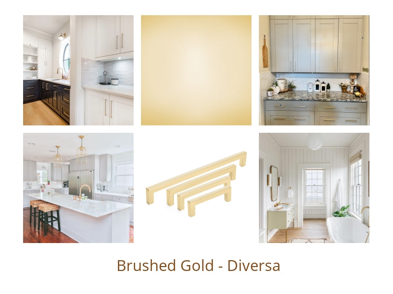 Collage of brushed brass cabinet hardware in kitchens, bathrooms and on white and dark surfaces