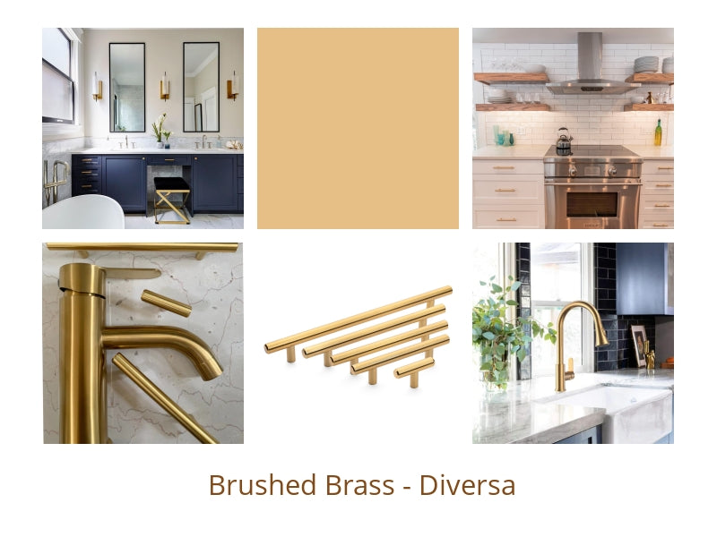 Brushed brass and gold handles by Diversa on a variety of applications, including brushed brass on kitchen white cabinets, brushed brass on navy cabinets, brushed brass on furniture.