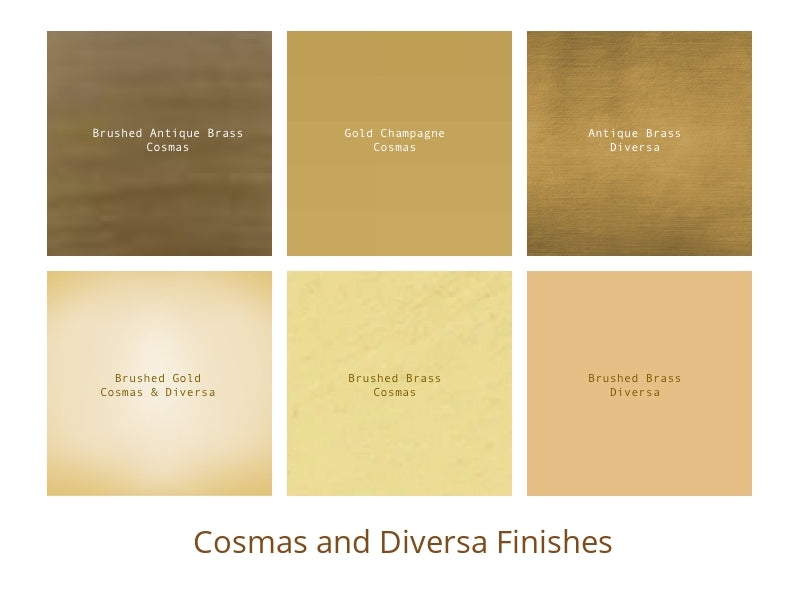 Cabinet hardware in brass, antique brass, brushed brass, gold champagne, and brushed gold color swatch for color comparison of cabinet hardware 