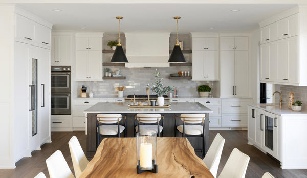 Modern white kitchen with black contemporary cabinet hardware