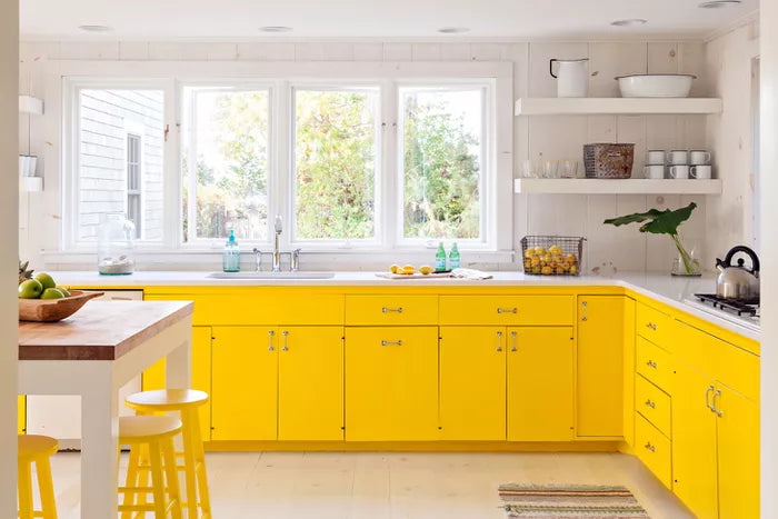 Bright Yellow cape cod country kitchen with Diversa Trinty  1068-128-BSN satin nickel cabient pulls