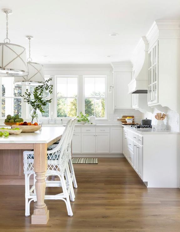 Satin nickel cabinet pull in white country farmhouse kitchen