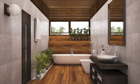 Turn your bathroom into a spa. Wood floor with bamboo floor and soaking tub