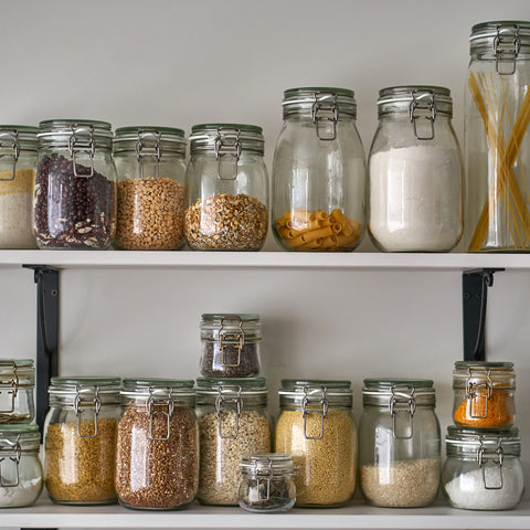 Glass mason jars with sugar and spices on an open shelf