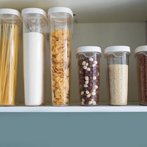 Clear plastic kitchen storage continers for cereal and pasta