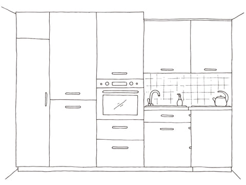kitchen cabinet diagram showing ALL PULLS placed HORIZONTAL