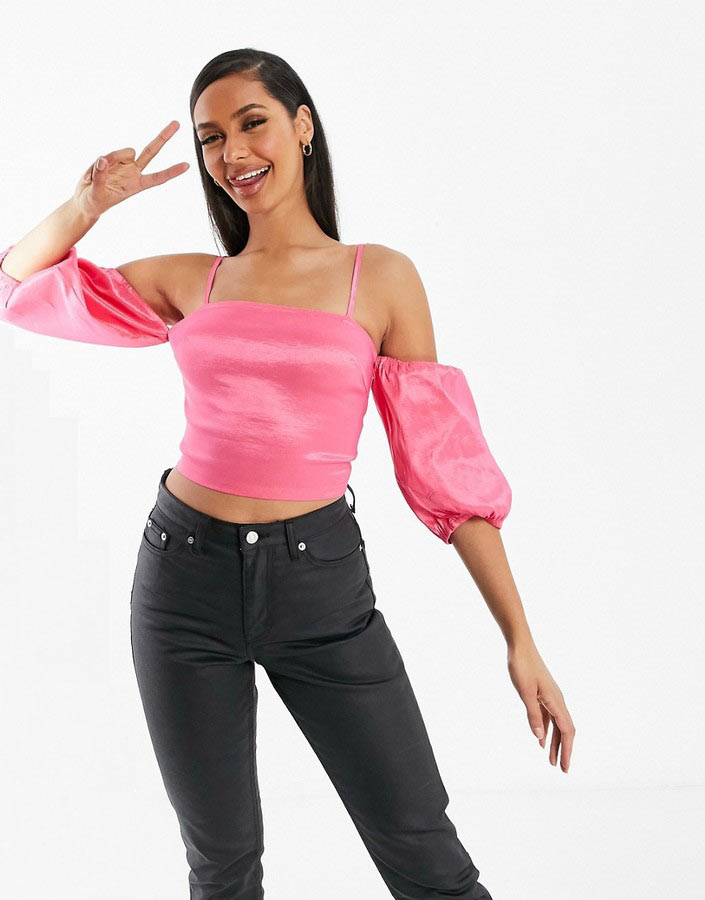 Pink Satin Puff Sleeve Crop Top - UK10