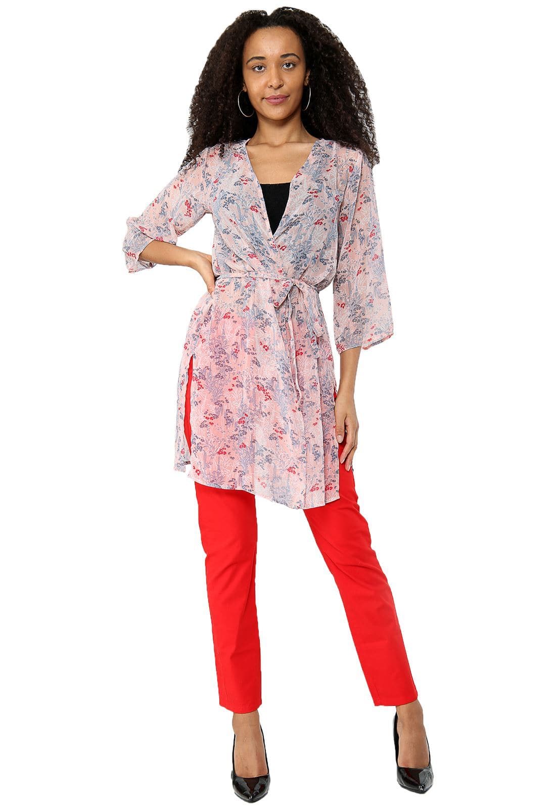 Plus Size Floral Tie Kimono - UK6