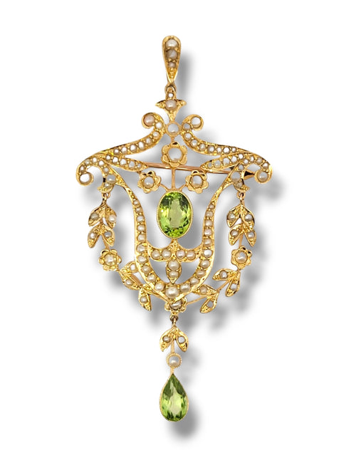 Estate 18KY Peridot and Pearl Pendant/Pin