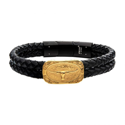 Double Strand Black Leather with Gold IP Longhorn Bracelet