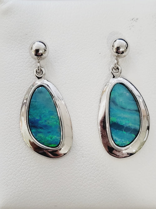 Sterling Silver Australian Green Flash Opal Doublet Dangle Earrings