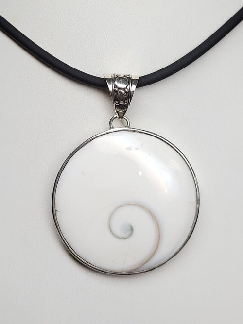 Snail Shell and Sterling Silver Pendant on Rubber Cord