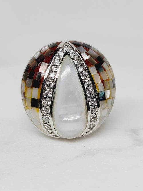 Mother of Pearl Mosaic Ring with CZ accents