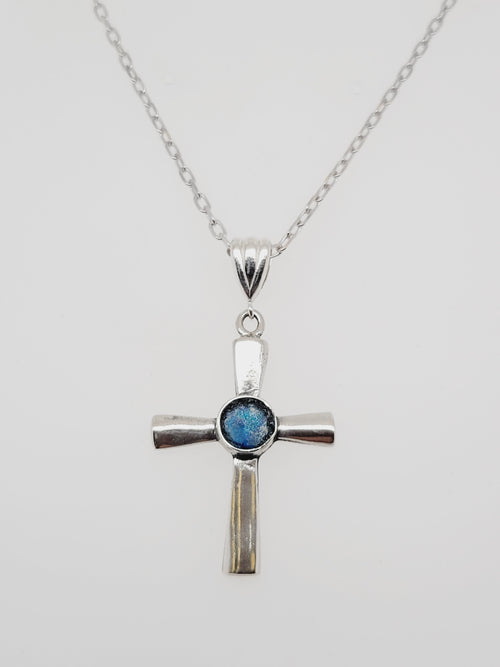 Ancient Roman Glass and Sterling Silver Cross Dangle Necklace