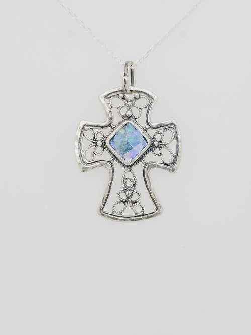 Sterling Silver Roman Glass Cross Pendant Necklace