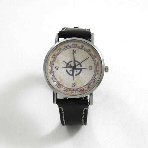 Compass Black Leather Wrist Watch