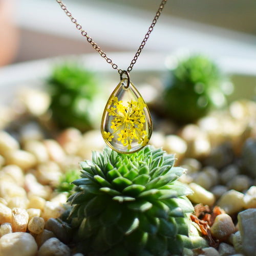 Yellow Queen Anne's Lace teardrop brass Pendant