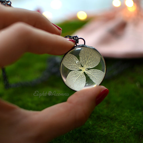 White Skeleton Hydrangea Round Pendant