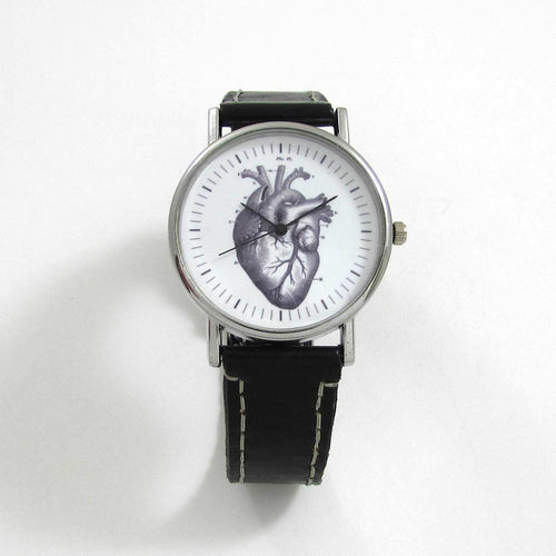 Anatomical Heart Black Leather Wrist Watch