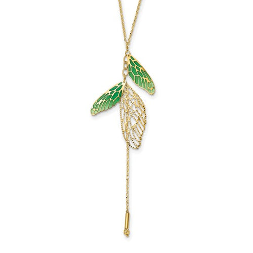 14k Polished Green Enamel Butterfly Wing Y-drop Necklace